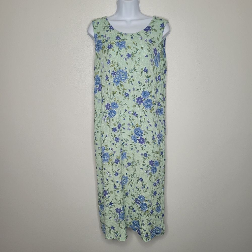 Vintage Erika 90s green blue floral summer casual midi dress size 14